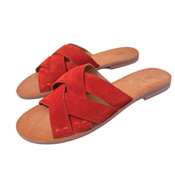 Frye Carla Criss Cross Red Suede Sandals Sz 5.5 - Picture 1 of 7